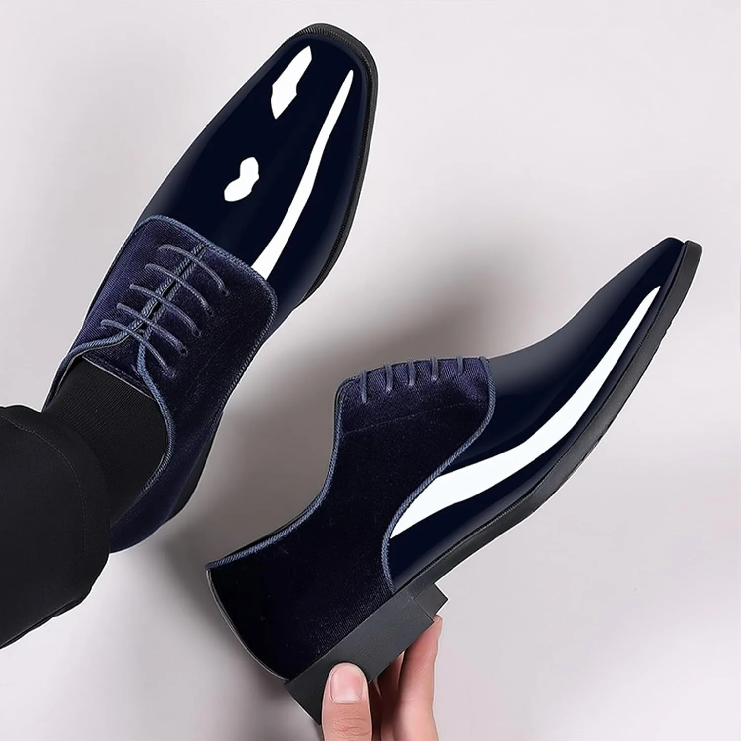 Men's Patent Leather Suede Dress Oxfords Casual Non-Slip Hi-Gloss Style Oxford Shoes Classic Lace-Up Business Wedding Tuxedo Shoes