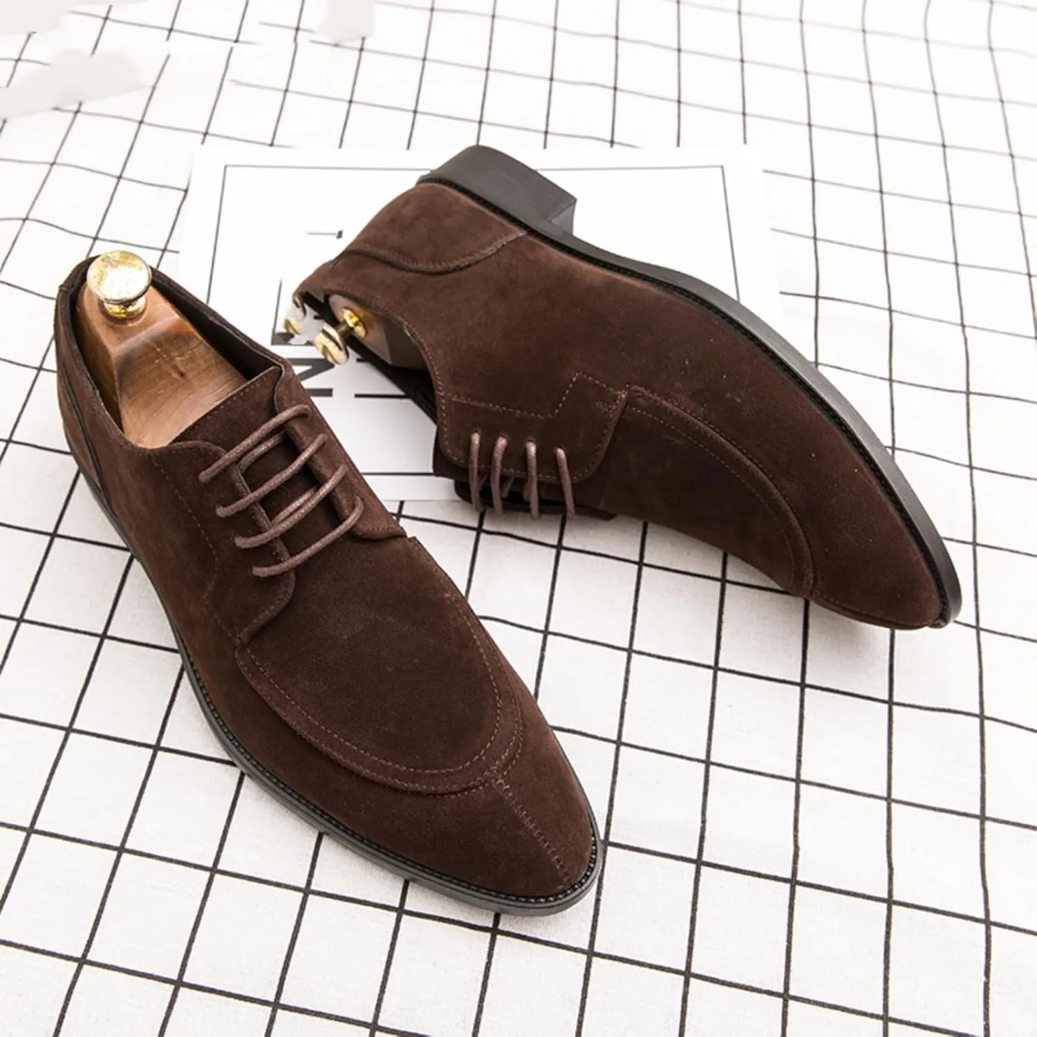 Mens Retro Suede Leather Lace Up Dress Oxfords Shoes Classic Slip On Low Top Pointed Toe Non-Slip Flats Derby Shoes for Formal Business Wedding (Coffee Color,6)