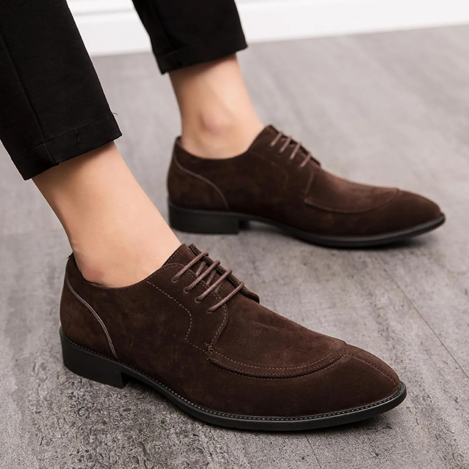 Mens Retro Suede Leather Lace Up Dress Oxfords Shoes Classic Slip On Low Top Pointed Toe Non-Slip Flats Derby Shoes for Formal Business Wedding (Coffee Color,6)