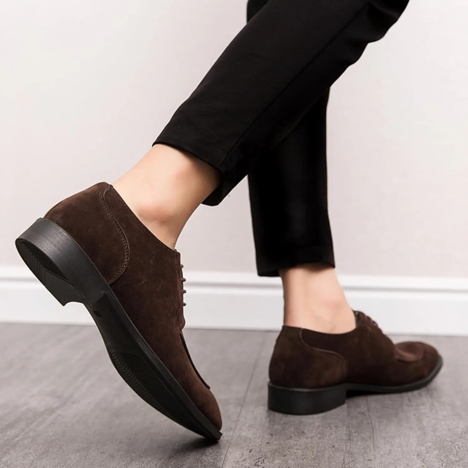 Mens Retro Suede Leather Lace Up Dress Oxfords Shoes Classic Slip On Low Top Pointed Toe Non-Slip Flats Derby Shoes for Formal Business Wedding (Coffee Color,6)