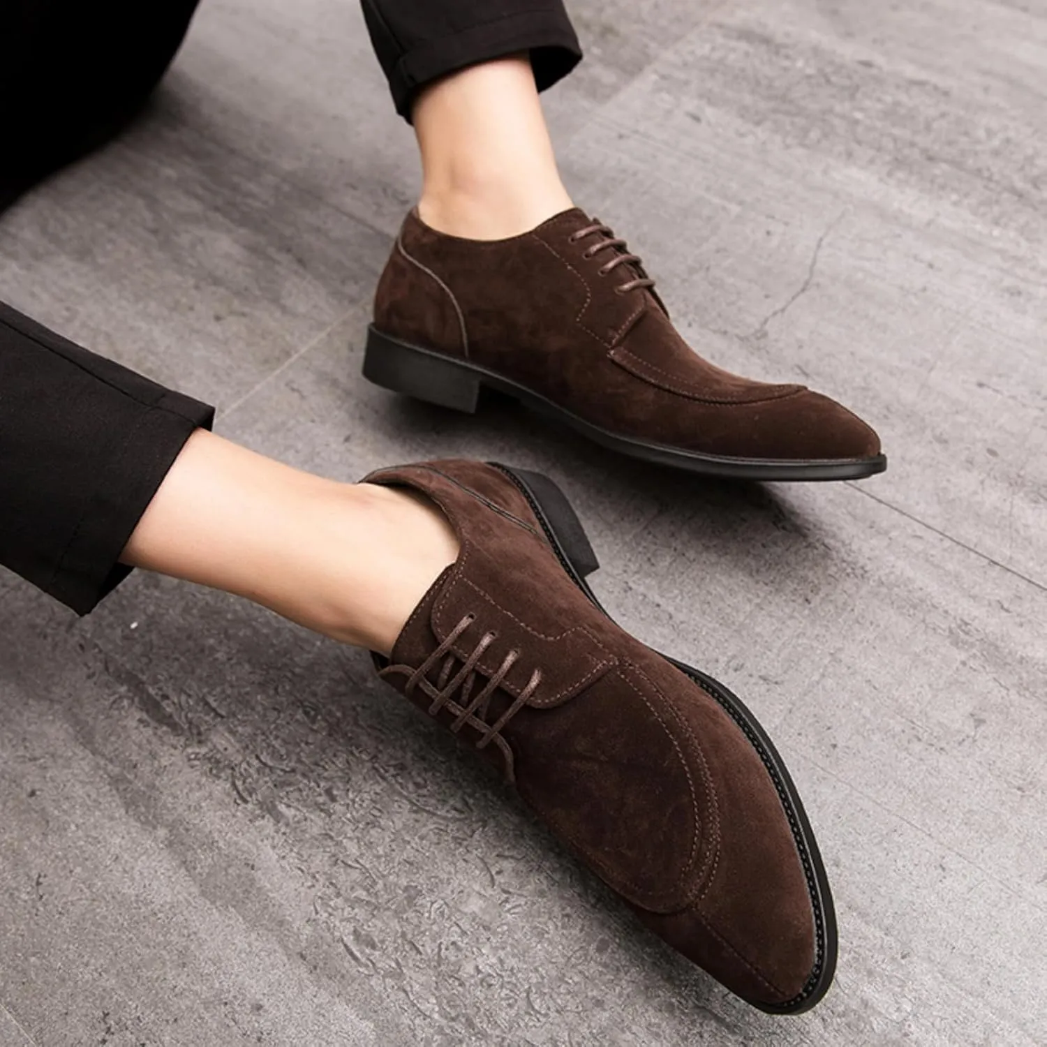 Mens Retro Suede Leather Lace Up Dress Oxfords Shoes Classic Slip On Low Top Pointed Toe Non-Slip Flats Derby Shoes for Formal Business Wedding (Coffee Color,6)