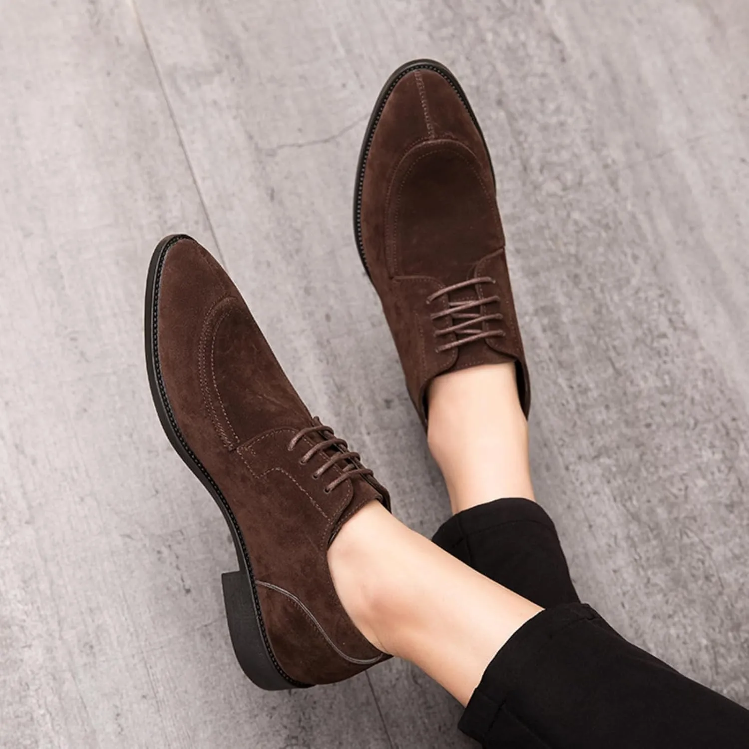 Mens Retro Suede Leather Lace Up Dress Oxfords Shoes Classic Slip On Low Top Pointed Toe Non-Slip Flats Derby Shoes for Formal Business Wedding (Coffee Color,6)