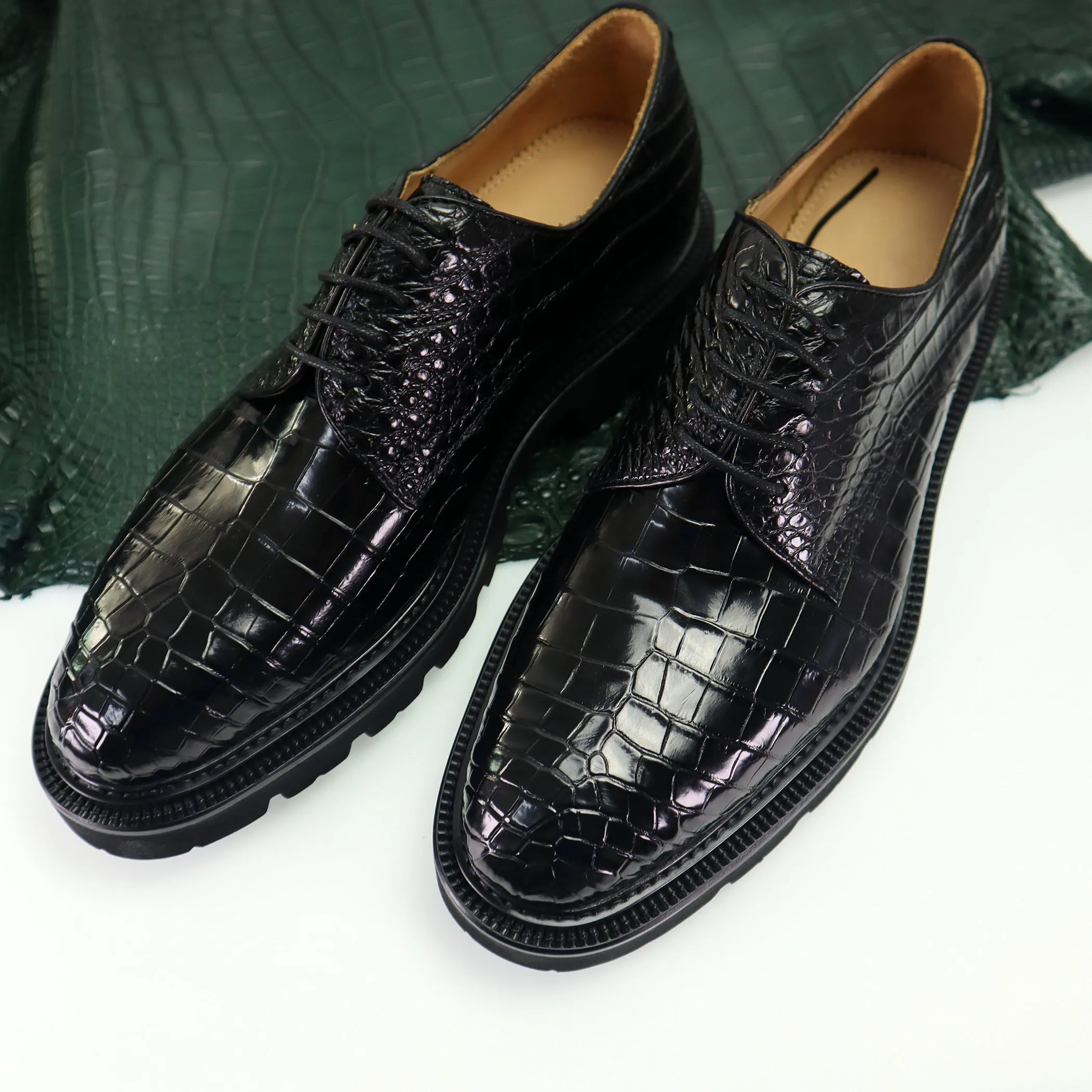 Men's Shoes Genuine Alligator Leather Dress Shoes Lace up Cap-Toe Brogue Shoes