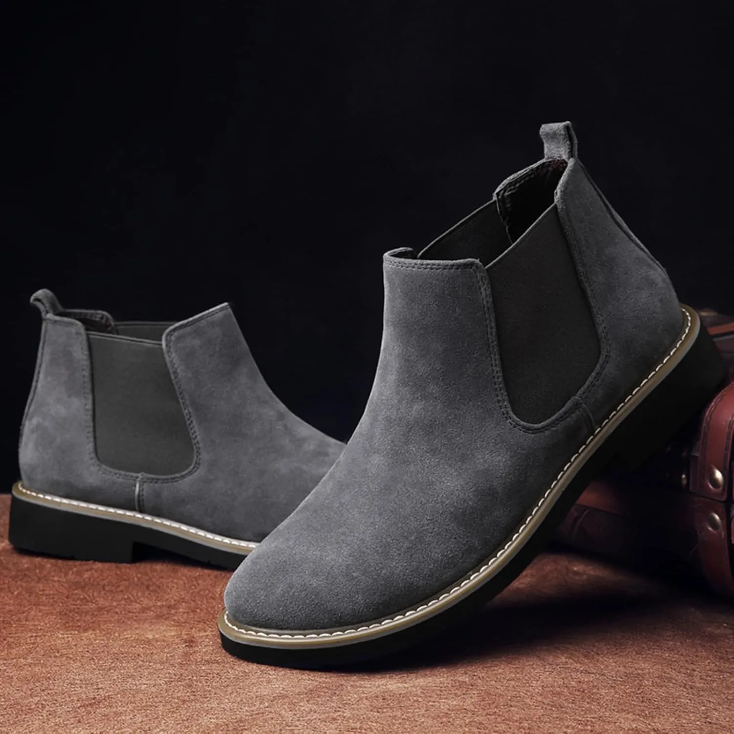 Mens Suede Leather Slip On Classic Chelsea Ankle Boots Retro Casual Low Heels Chukka Elastic Dress Boots for Walking Daily Driving