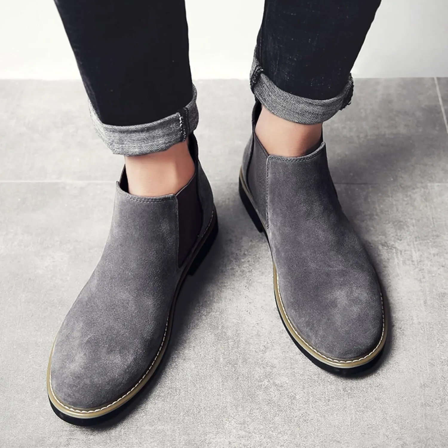 Mens Suede Leather Slip On Classic Chelsea Ankle Boots Retro Casual Low Heels Chukka Elastic Dress Boots for Walking Daily Driving