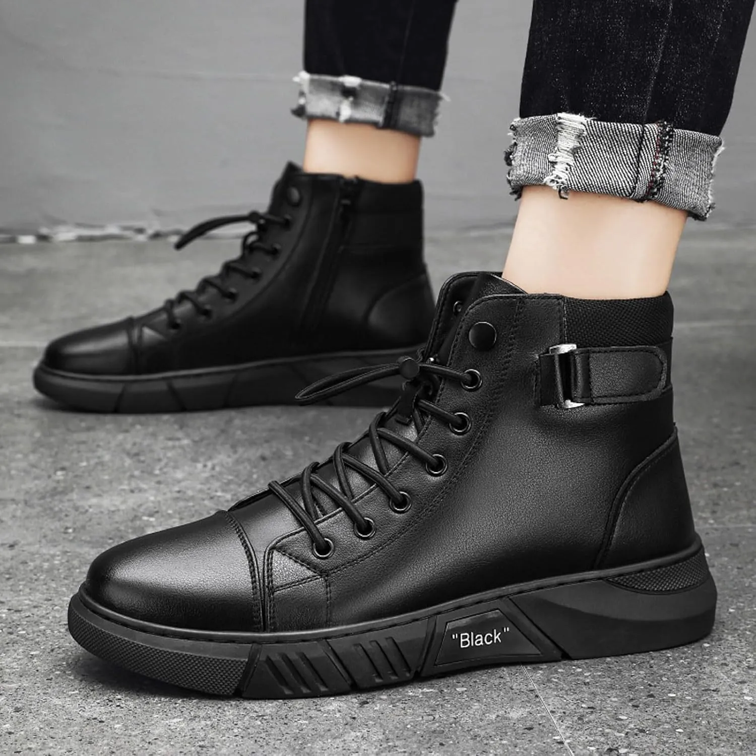 Men's Trendy Solid Color Ankle Boots Thick Sole Heightening Thigh High Boots Lace Up Non Slip Mens Short Rain Boots
