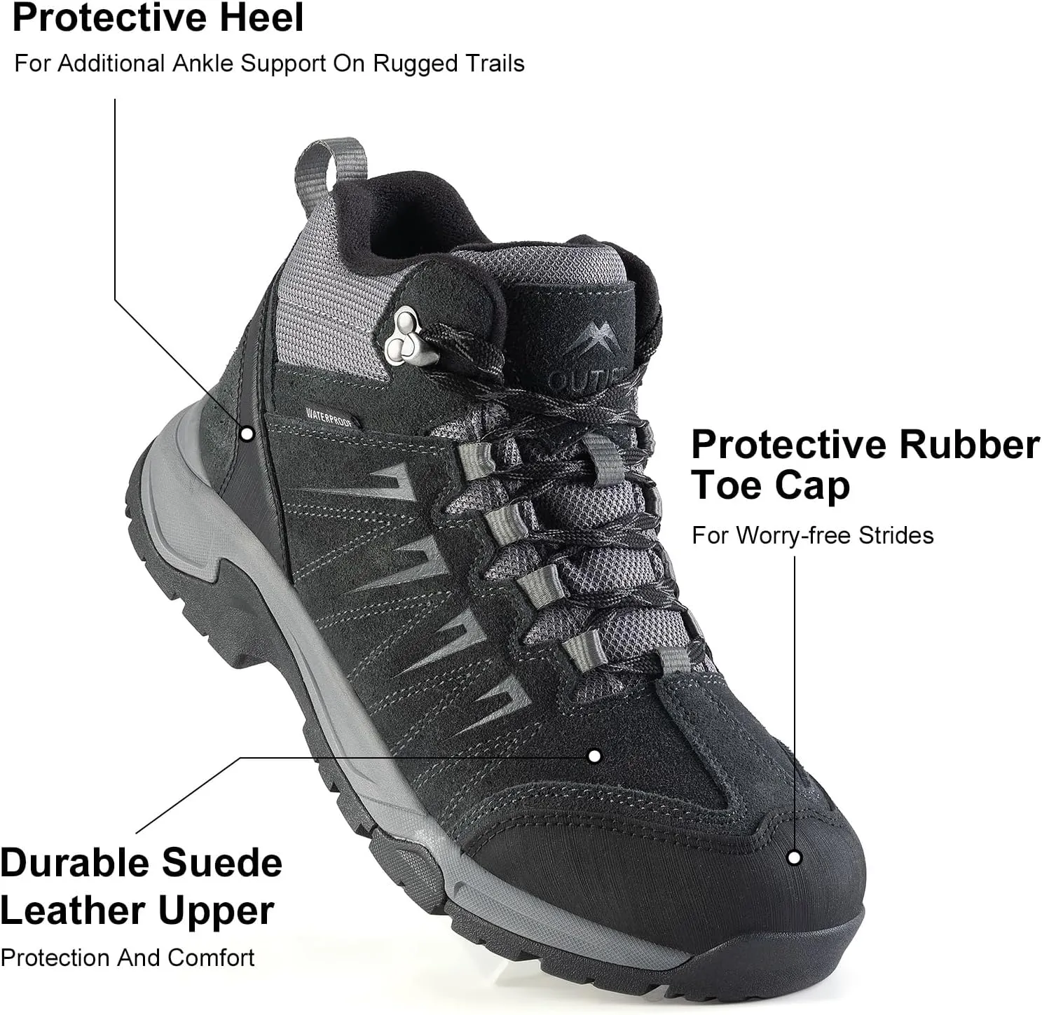 Men's Waterproof Hiking Boots Lightweight Comfortable Leather Mid Ankle Outdoor Trekking Boot