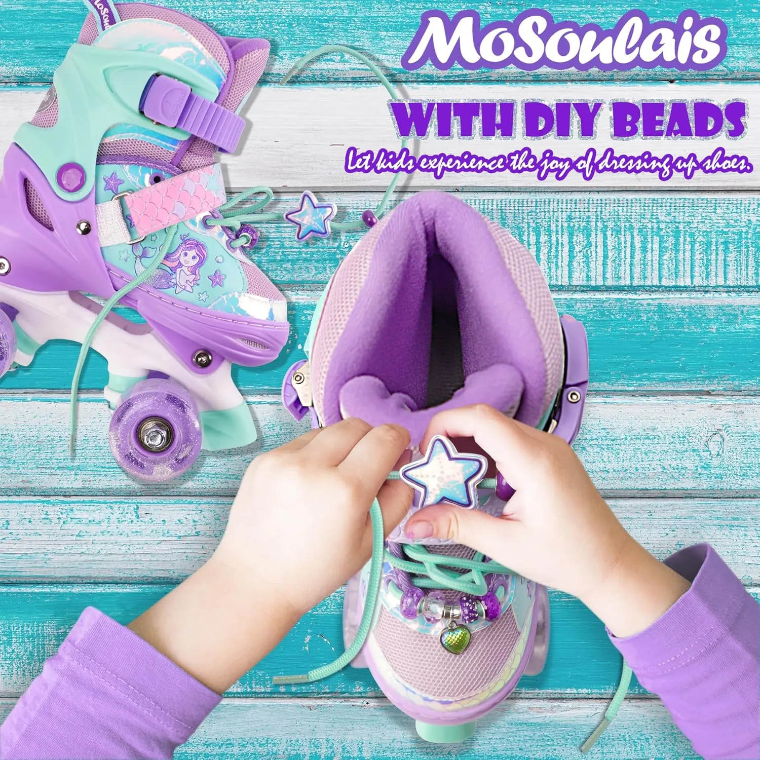 Mermaid Roller Skates for Girls Kids, Mosoulais 4 Size Adjustable Light up Wheels Skates for Toddlers, Beginner Women Rollerskates Indoor Outdoor for Xmas Birthday Gifts, Patines para Niñas Niños