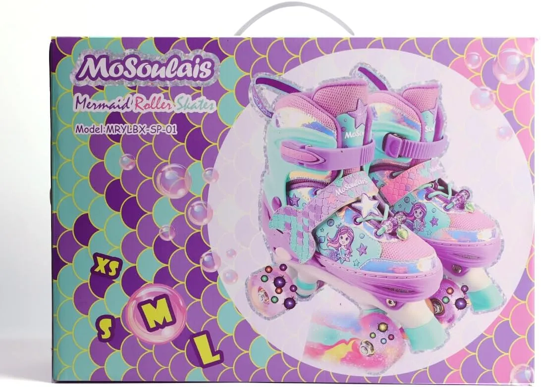 Mermaid Roller Skates for Girls Kids, Mosoulais 4 Size Adjustable Light up Wheels Skates for Toddlers, Beginner Women Rollerskates Indoor Outdoor for Xmas Birthday Gifts, Patines para Niñas Niños
