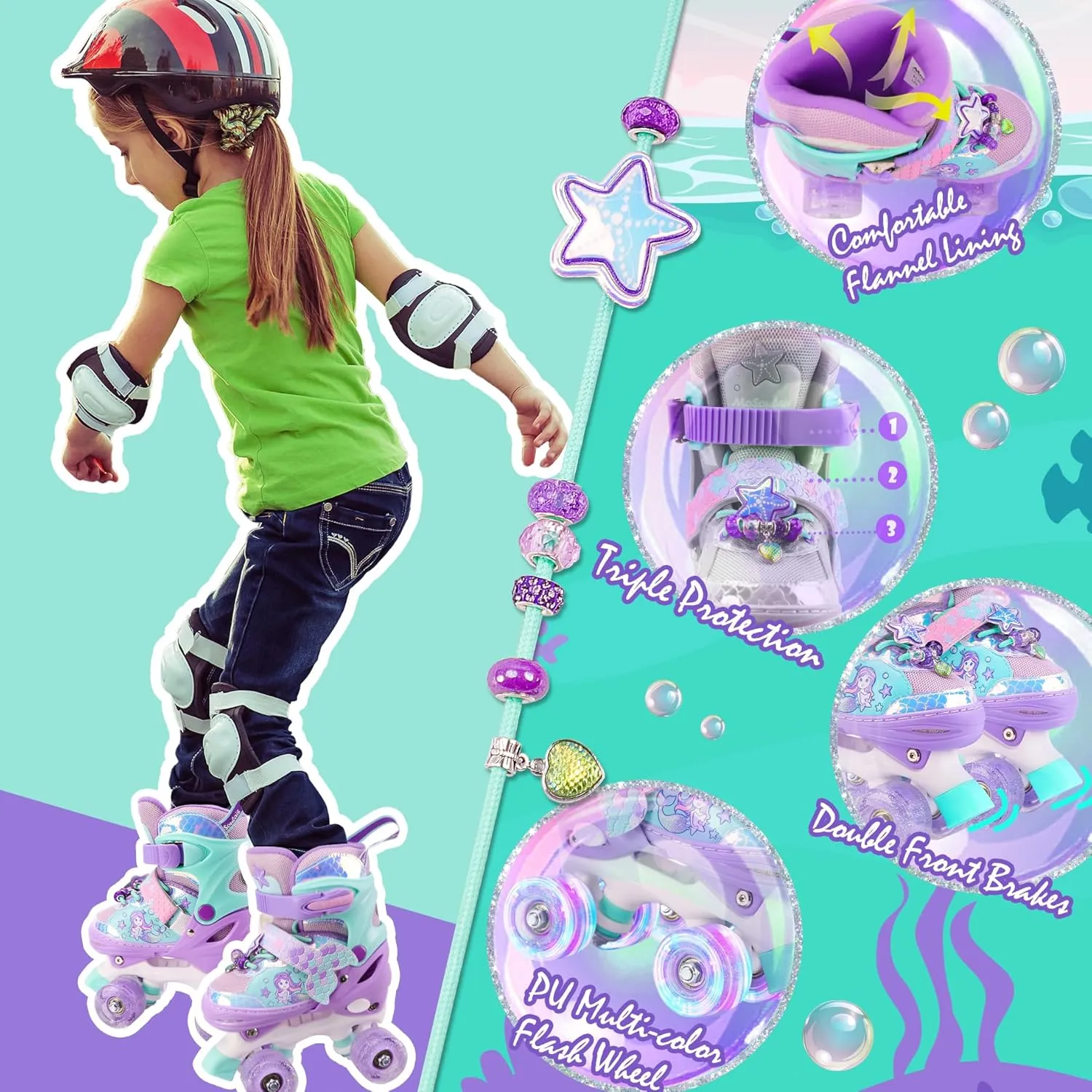 Mermaid Roller Skates for Girls Kids, Mosoulais 4 Size Adjustable Light up Wheels Skates for Toddlers, Beginner Women Rollerskates Indoor Outdoor for Xmas Birthday Gifts, Patines para Niñas Niños