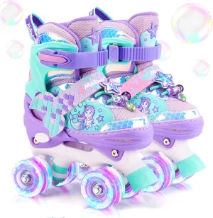 Mermaid Roller Skates for Girls Kids, Mosoulais 4 Size Adjustable Light up Wheels Skates for Toddlers, Beginner Women Rollerskates Indoor Outdoor for Xmas Birthday Gifts, Patines para Niñas Niños