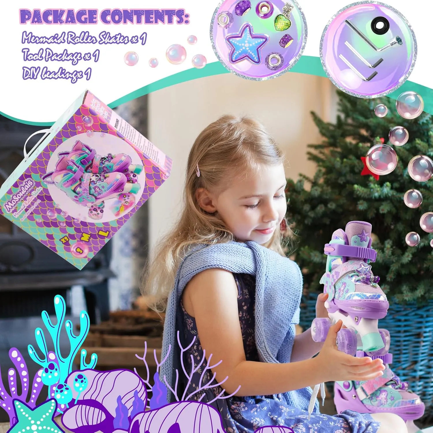 Mermaid Roller Skates for Girls Kids, Mosoulais 4 Size Adjustable Light up Wheels Skates for Toddlers, Beginner Women Rollerskates Indoor Outdoor for Xmas Birthday Gifts, Patines para Niñas Niños