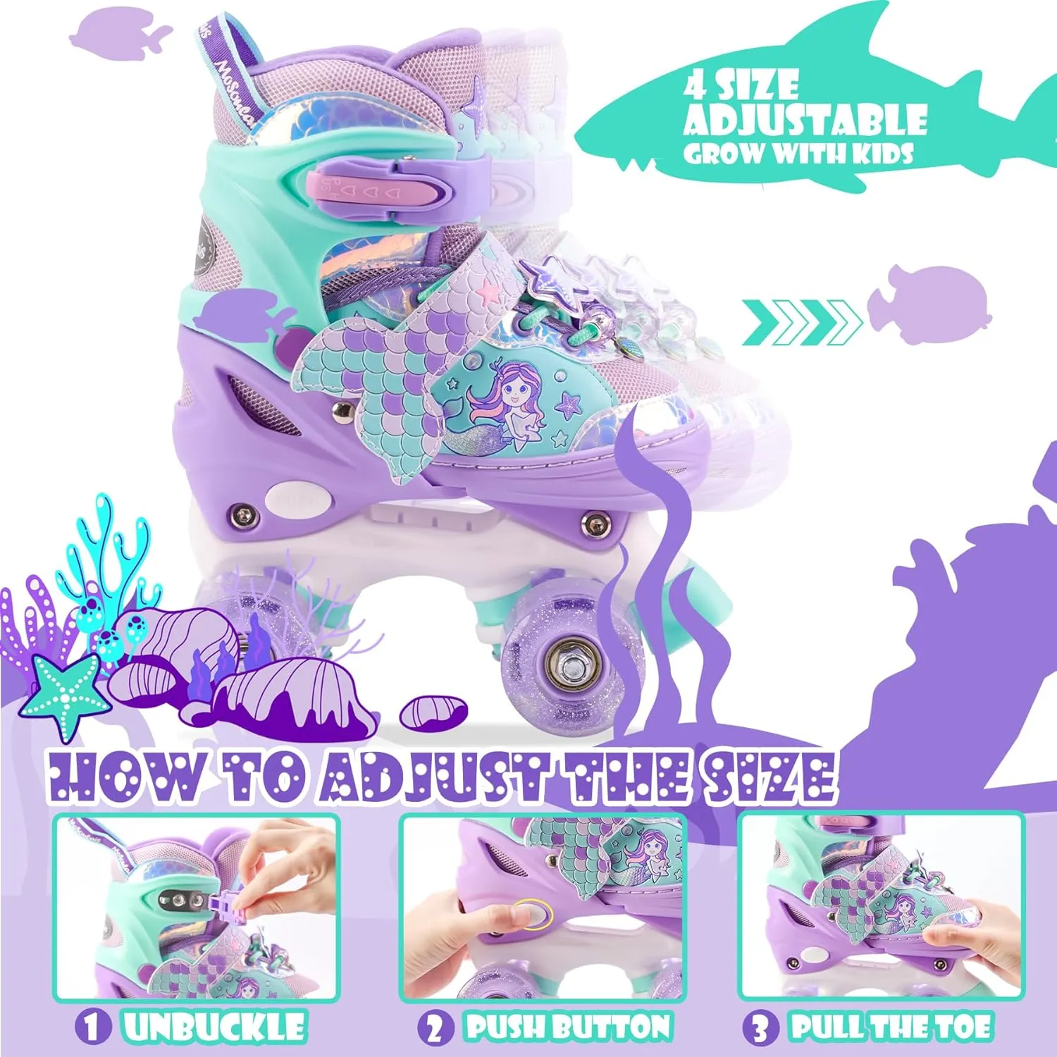Mermaid Roller Skates for Girls Kids, Mosoulais 4 Size Adjustable Light up Wheels Skates for Toddlers, Beginner Women Rollerskates Indoor Outdoor for Xmas Birthday Gifts, Patines para Niñas Niños