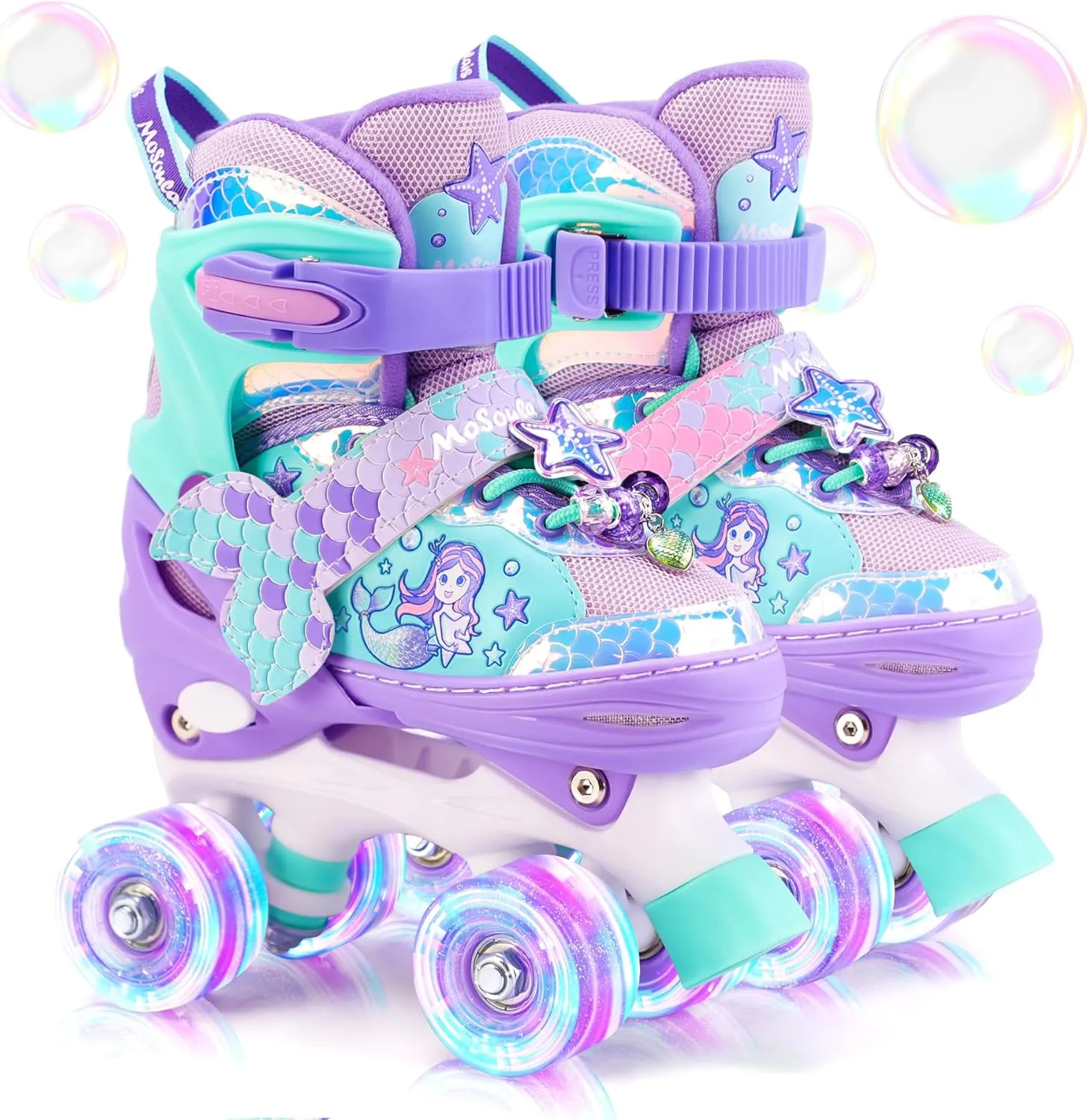Mermaid Roller Skates for Girls Kids, Mosoulais 4 Size Adjustable Light up Wheels Skates for Toddlers, Beginner Women Rollerskates Indoor Outdoor for Xmas Birthday Gifts, Patines para Niñas Niños
