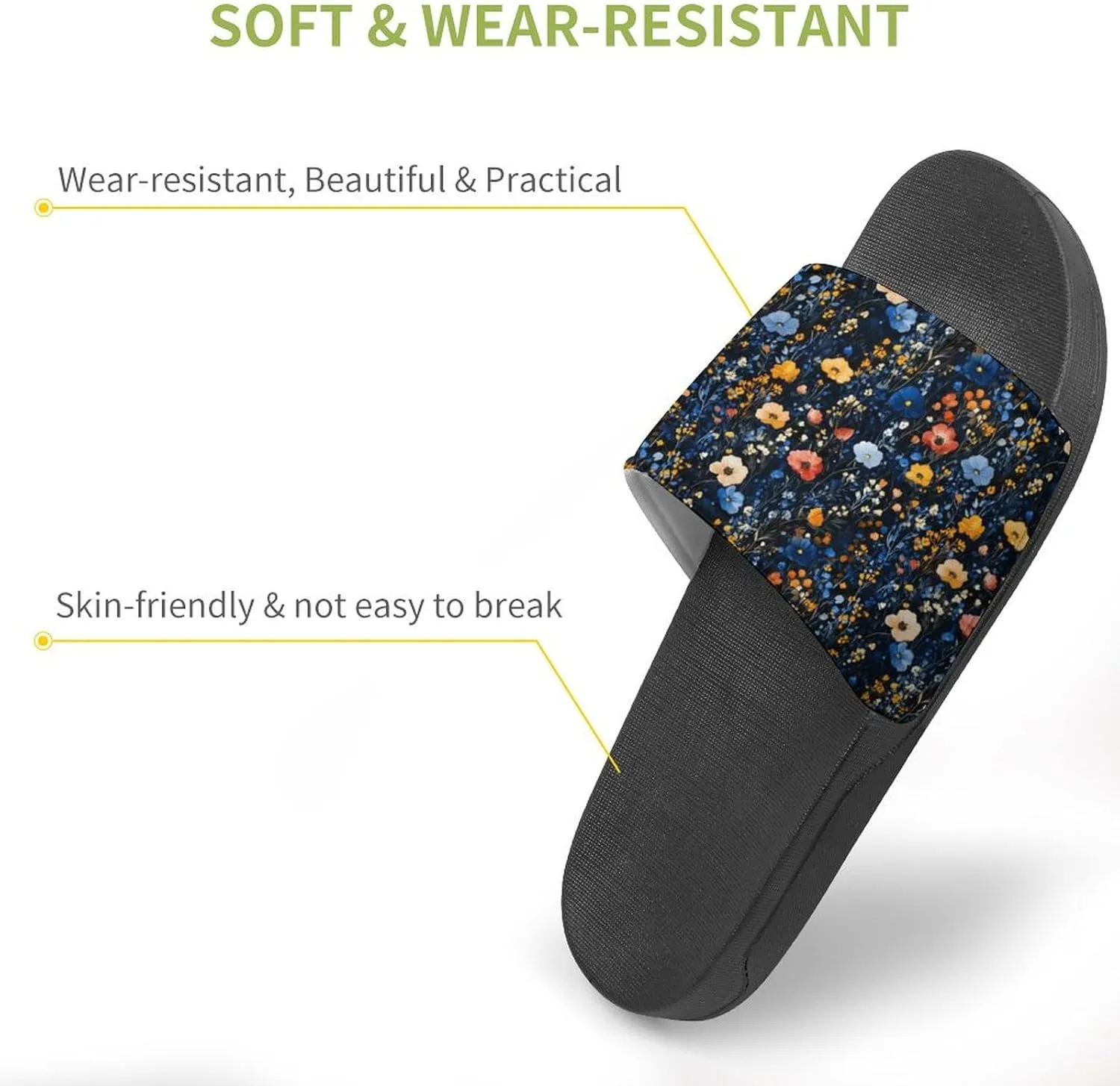 Midnight Field Flower Slippers Shower Slipper In-Door Slipper Quick Drying Non-Slip Bathroom Pool Woman Man PVC