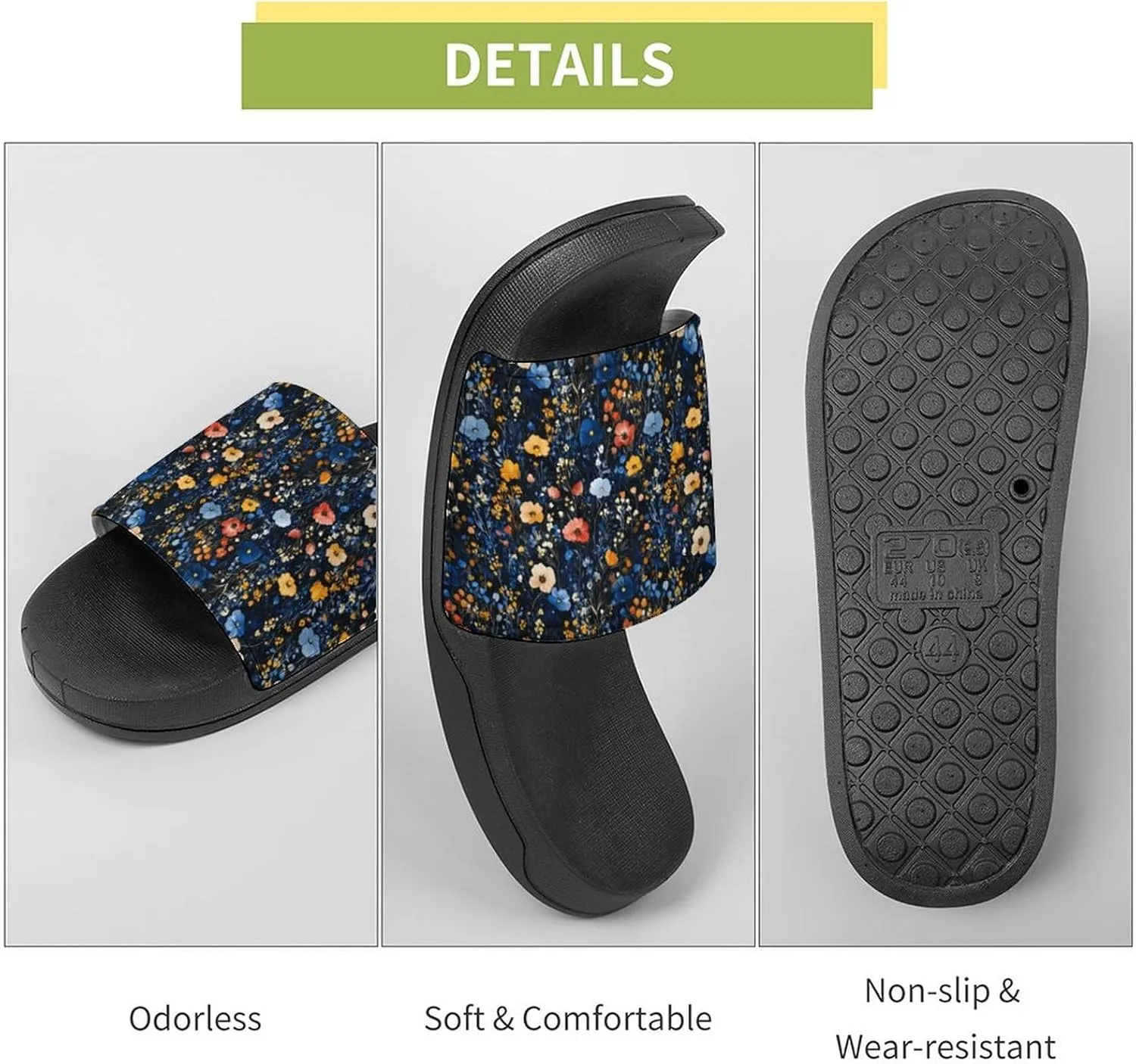 Midnight Field Flower Slippers Shower Slipper In-Door Slipper Quick Drying Non-Slip Bathroom Pool Woman Man PVC
