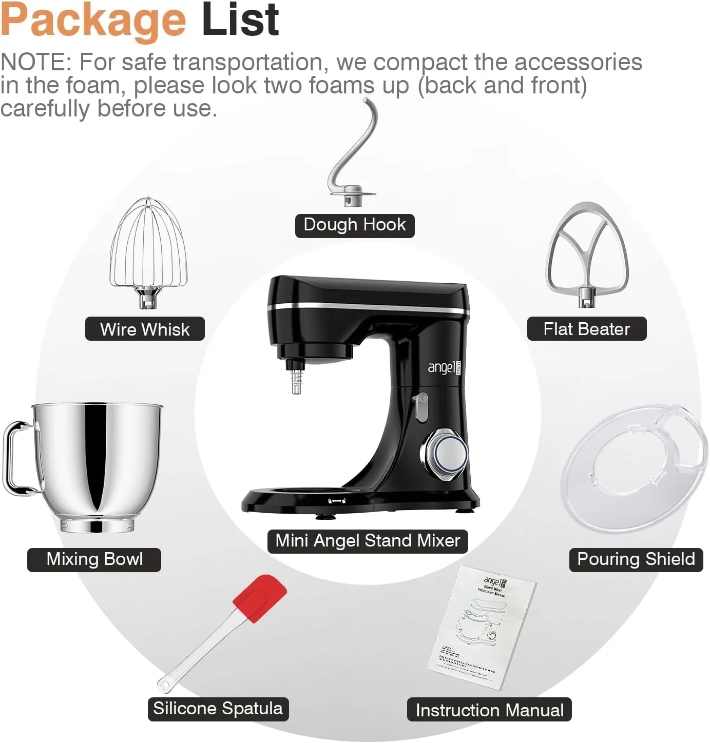 Mini Angel Electric Stand Mixer, 5Quarts, Dough Hook, Flat Beater, Wire Whisk Attachments, 10 P Speeds with Splash Guard, Black