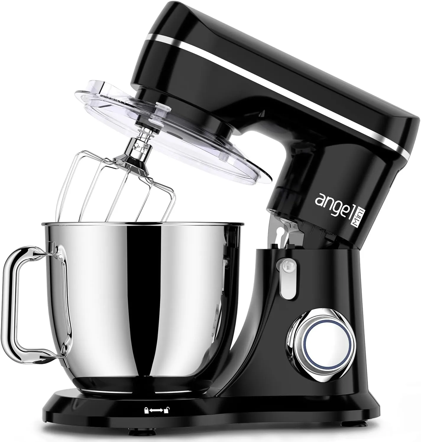 Mini Angel Electric Stand Mixer, 5Quarts, Dough Hook, Flat Beater, Wire Whisk Attachments, 10 P Speeds with Splash Guard, Black