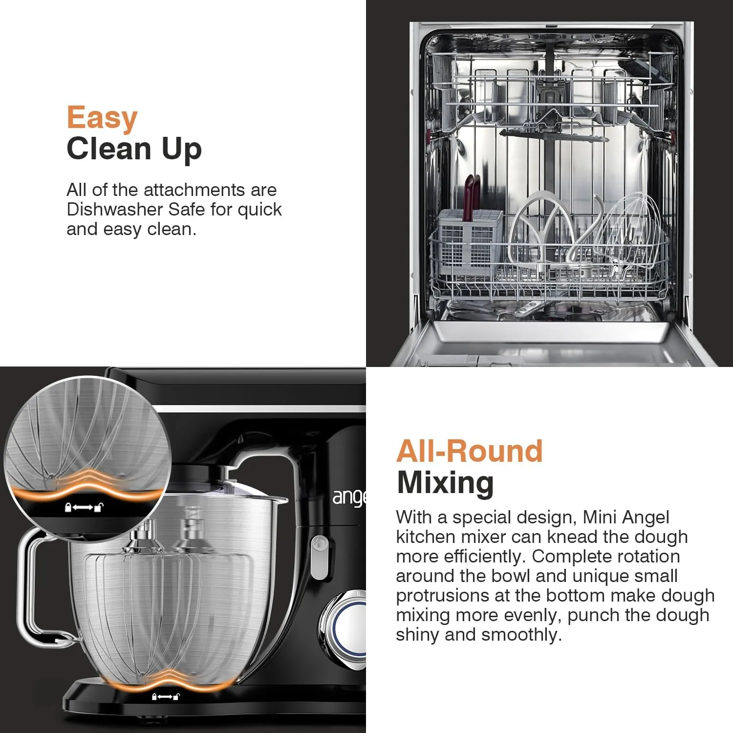 Mini Angel Electric Stand Mixer, 5Quarts, Dough Hook, Flat Beater, Wire Whisk Attachments, 10 P Speeds with Splash Guard, Black