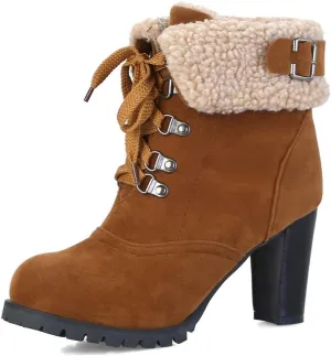 MIOKE Women's Winter Fur Ankle Boots Lace Up Round Toe Cuff Chunky Block High Heel Warm Dressy Short Booties