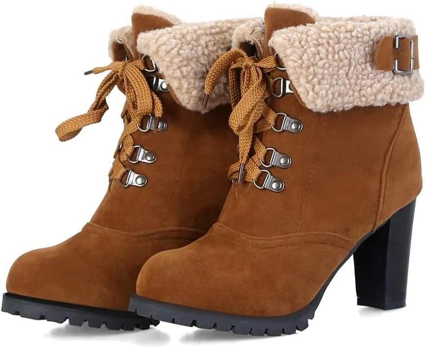 MIOKE Women's Winter Fur Ankle Boots Lace Up Round Toe Cuff Chunky Block High Heel Warm Dressy Short Booties