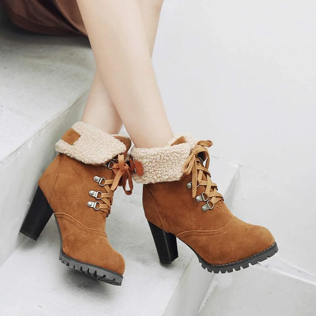 MIOKE Women's Winter Fur Ankle Boots Lace Up Round Toe Cuff Chunky Block High Heel Warm Dressy Short Booties