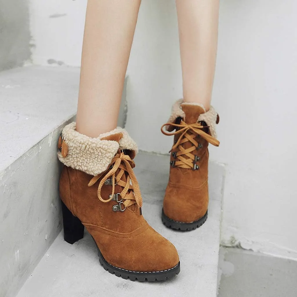 MIOKE Women's Winter Fur Ankle Boots Lace Up Round Toe Cuff Chunky Block High Heel Warm Dressy Short Booties