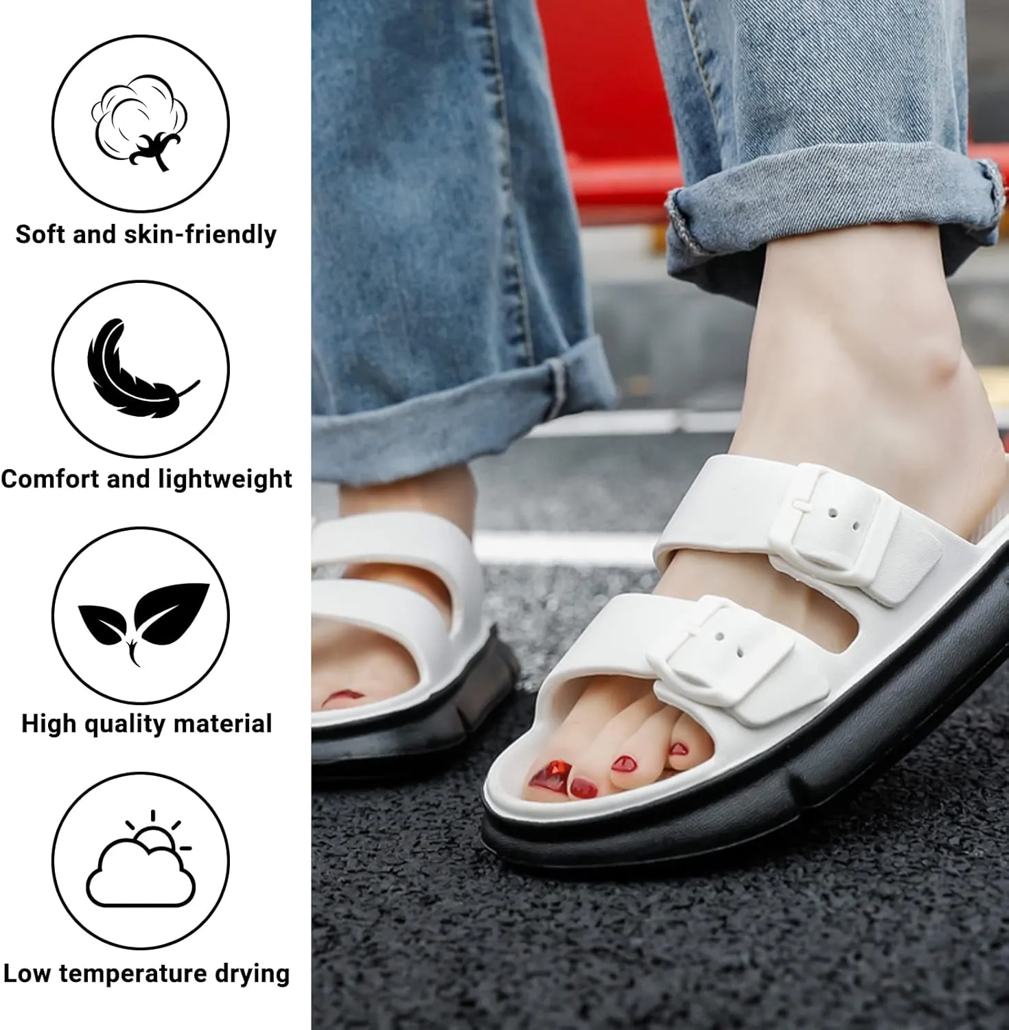 Mnplciea Women's Comfort Adjustable Double Buckle Flat Sandals Lightweight Footbed Slip on EVA Slippers
