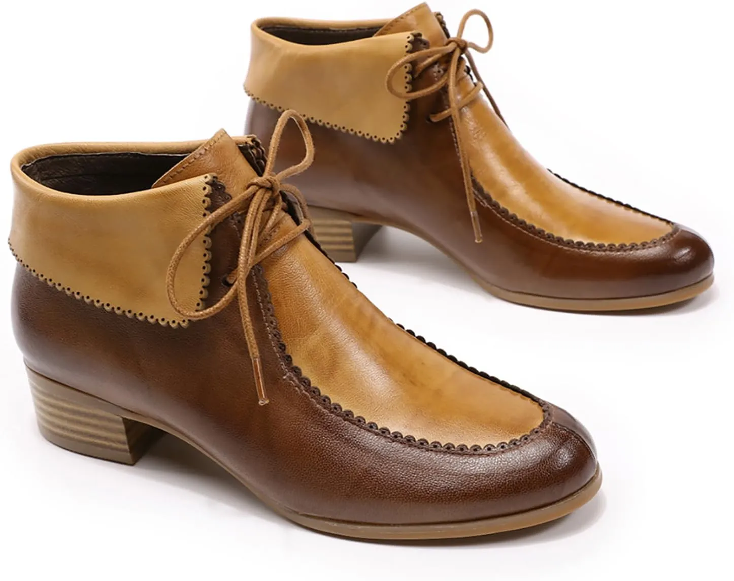 Mona flying Lace-up Leather Ankle Boots for Women Low Heel Fashion Tie up Dress Booties