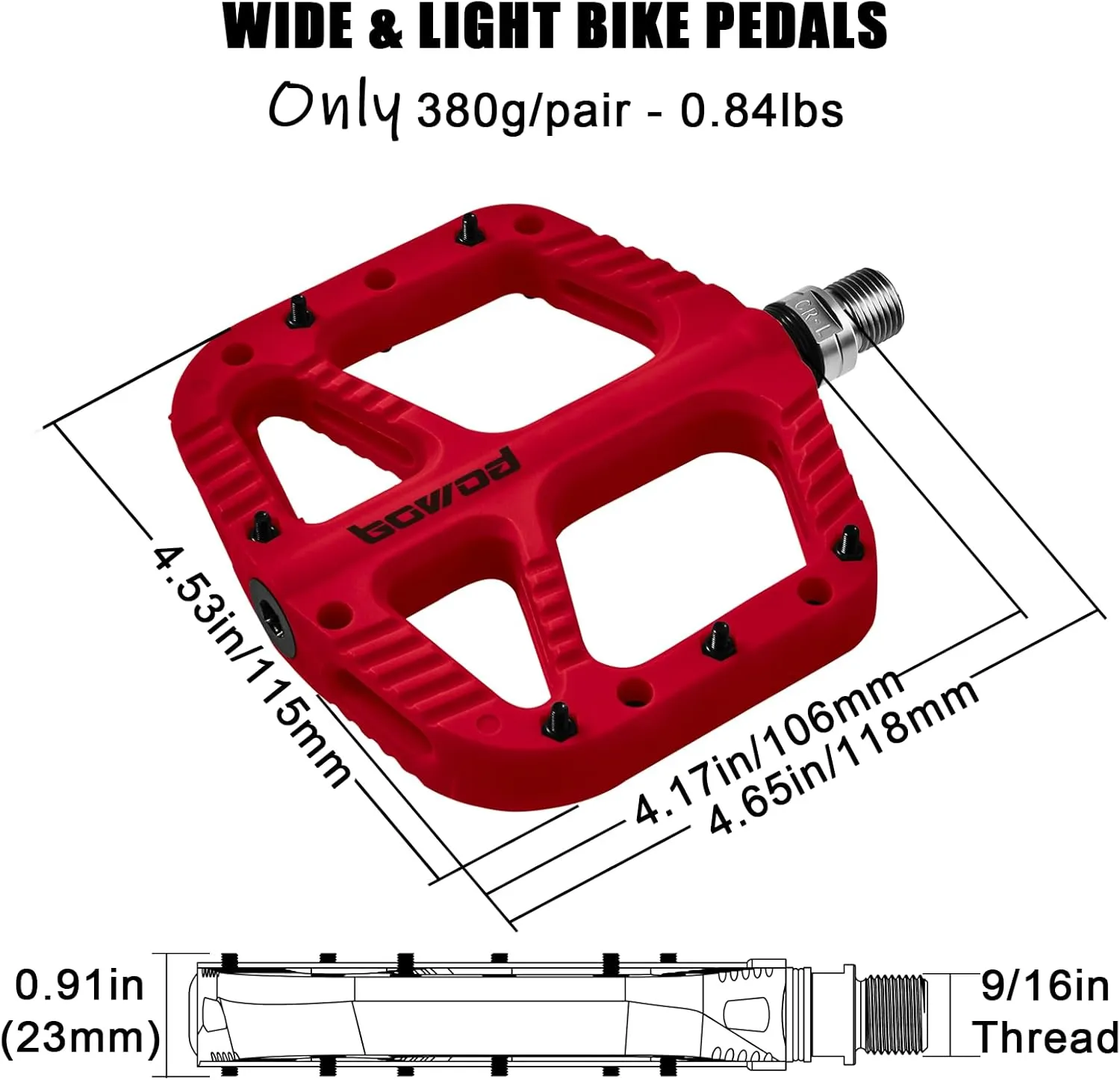 MTB Pedals Flat Mountain Bike Pedals Adult, Light and Wide Nylon Composite Bicycle Platform Pedal w Grippy Pins, 9/16" Cr-Mo Spindle 2 Bearings, Clipless Pedals for BMX Gravel Road E.Bike 9/16"
