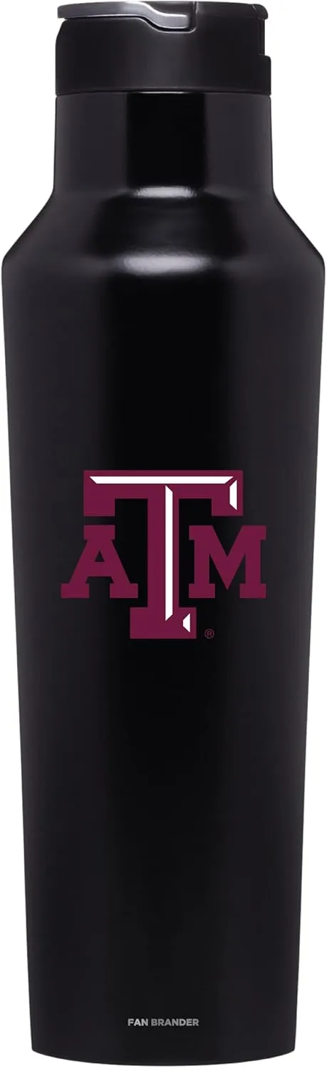 NCAA Black Corkcicle 20 Ounce Sport Canteen Triple Insulated Stainless Steel Water Bottle with Straw Cap and Folding Metal Handle with Primary Logo (Texas A&M Aggies)