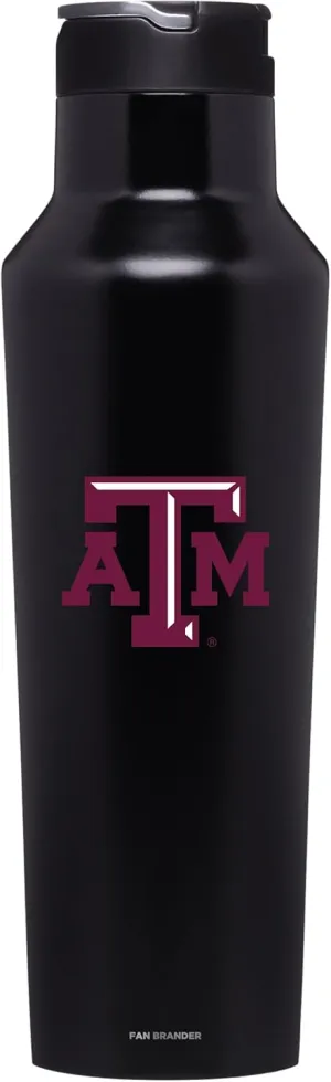NCAA Black Corkcicle 20 Ounce Sport Canteen Triple Insulated Stainless Steel Water Bottle with Straw Cap and Folding Metal Handle with Primary Logo (Texas A&M Aggies)