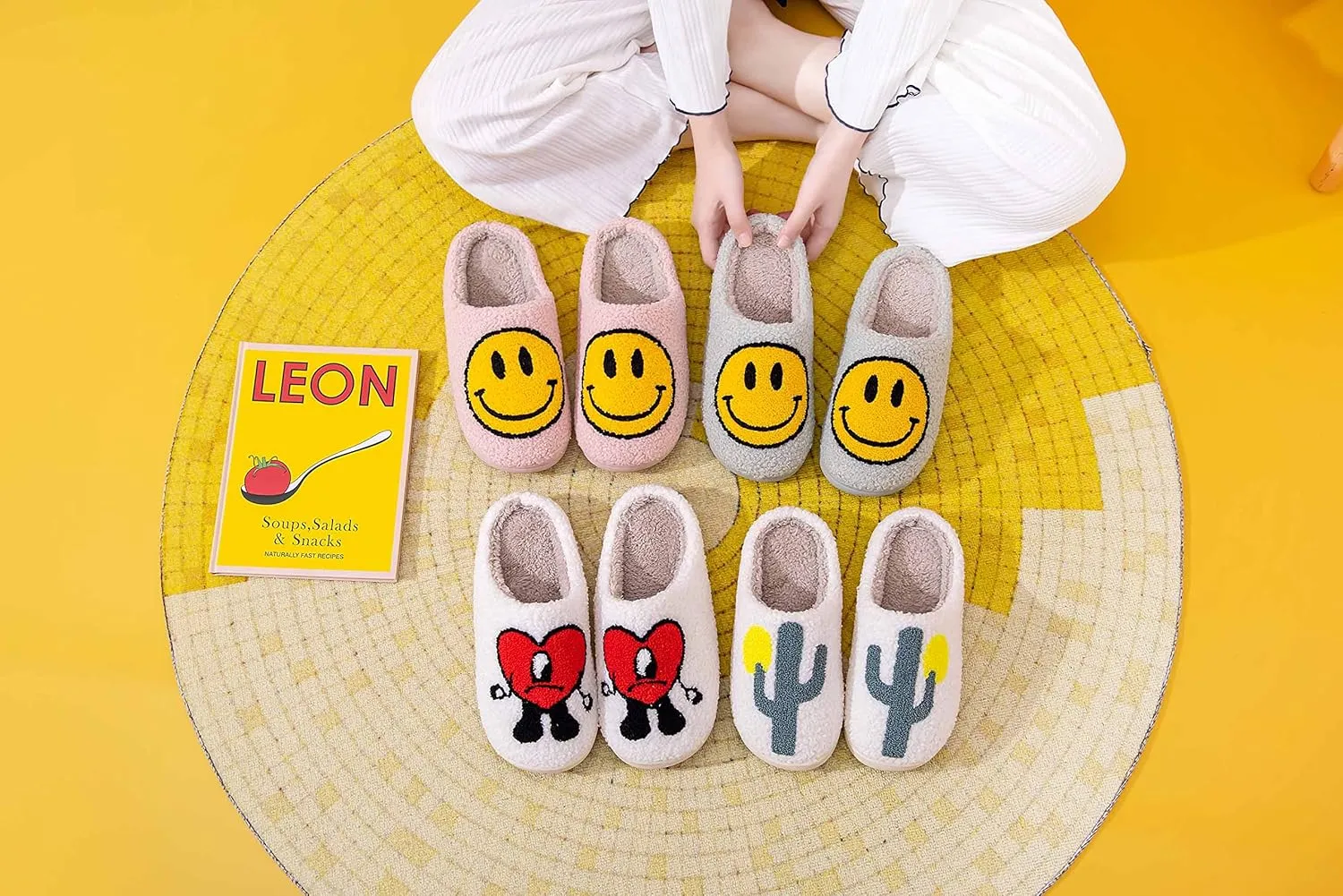 NEVEROLD Fun Cute Trendy Colorful Cartoon Illustrated Cozy Fluffy Plush Fur Slip On Cushion House Slippers for Women, Men, Girls, and Boys