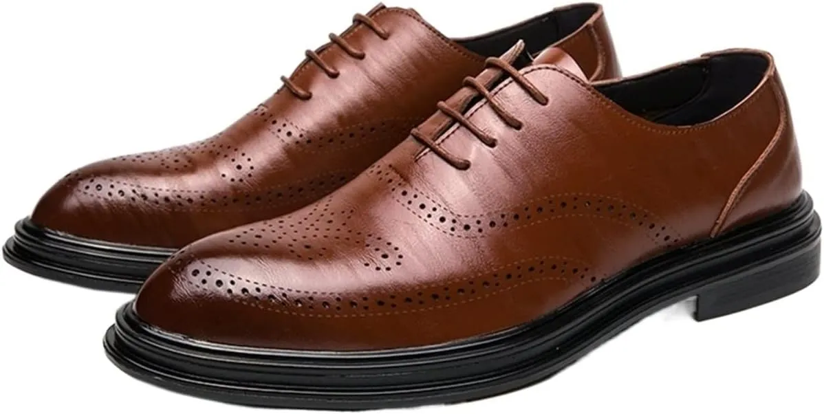 New Dress Shoes for Men Lace Up Brogue Embossed Breathable Shoes Vegan Leather Non Slip Rubber Sole Anti-Slip Business