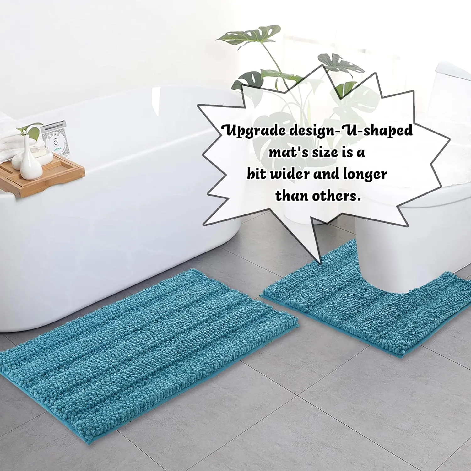 NICETOWN Bathroom Rug Slip-Resistant Extra Absorbent Soft and Fluffy Thick Striped Bath Mat Non Slip Microfiber Shag Floor Mat Dry Fast Waterproof Bath Mat (Teal Blue, 24" x 24" U)