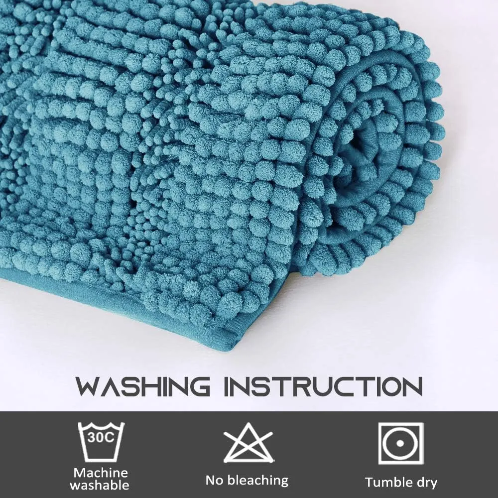 NICETOWN Bathroom Rug Slip-Resistant Extra Absorbent Soft and Fluffy Thick Striped Bath Mat Non Slip Microfiber Shag Floor Mat Dry Fast Waterproof Bath Mat (Teal Blue, 24" x 24" U)