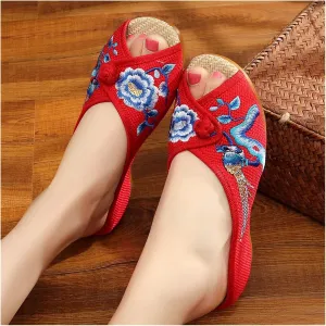 Non-Slip Linen Slippers, Embroidered Shoes Women's, Chinese Floral Embroidery Slippers, Women Vintage Chinese Style Embroidery Indoor Outdoor Casual Slippers Shoes (Color : Blue, Size : EUR 38)
