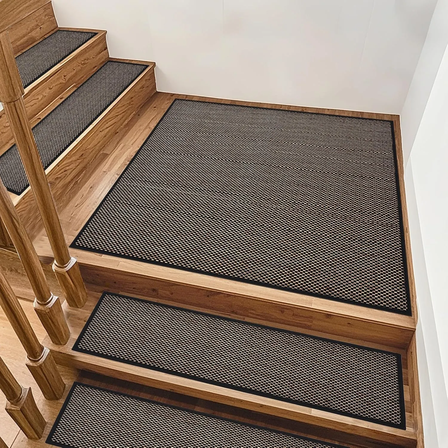 Non Slip Stair Treads for Wooden Steps, Square Rubber Backing Non Slip Stair Landing Mat, Thicken Linen Carpet Stair Runners Indoor, No Residue Stair Carpet Treads, 29"x29", Black