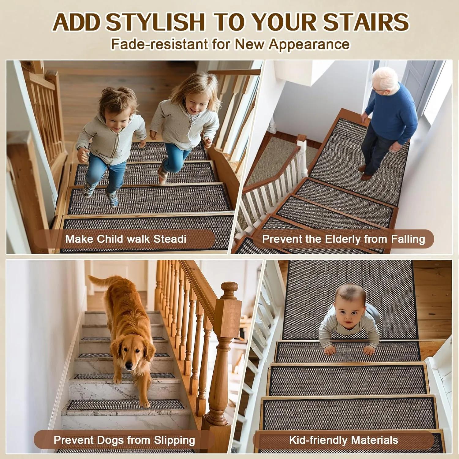 Non Slip Stair Treads for Wooden Steps, Square Rubber Backing Non Slip Stair Landing Mat, Thicken Linen Carpet Stair Runners Indoor, No Residue Stair Carpet Treads, 29"x29", Black