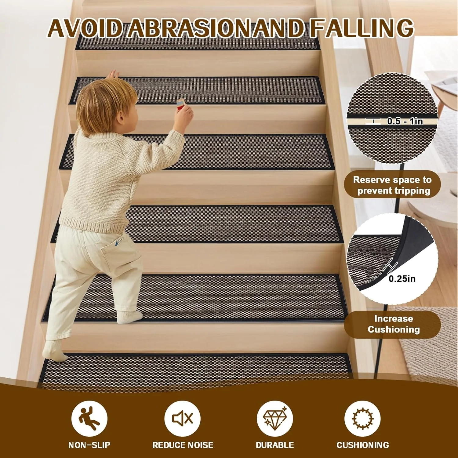 Non Slip Stair Treads for Wooden Steps, Square Rubber Backing Non Slip Stair Landing Mat, Thicken Linen Carpet Stair Runners Indoor, No Residue Stair Carpet Treads, 29"x29", Black