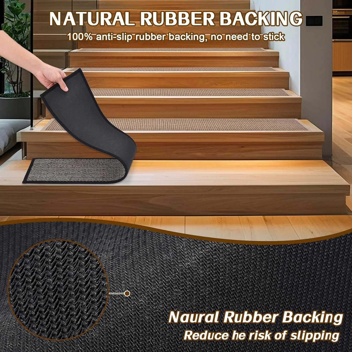 Non Slip Stair Treads for Wooden Steps, Square Rubber Backing Non Slip Stair Landing Mat, Thicken Linen Carpet Stair Runners Indoor, No Residue Stair Carpet Treads, 29"x29", Black