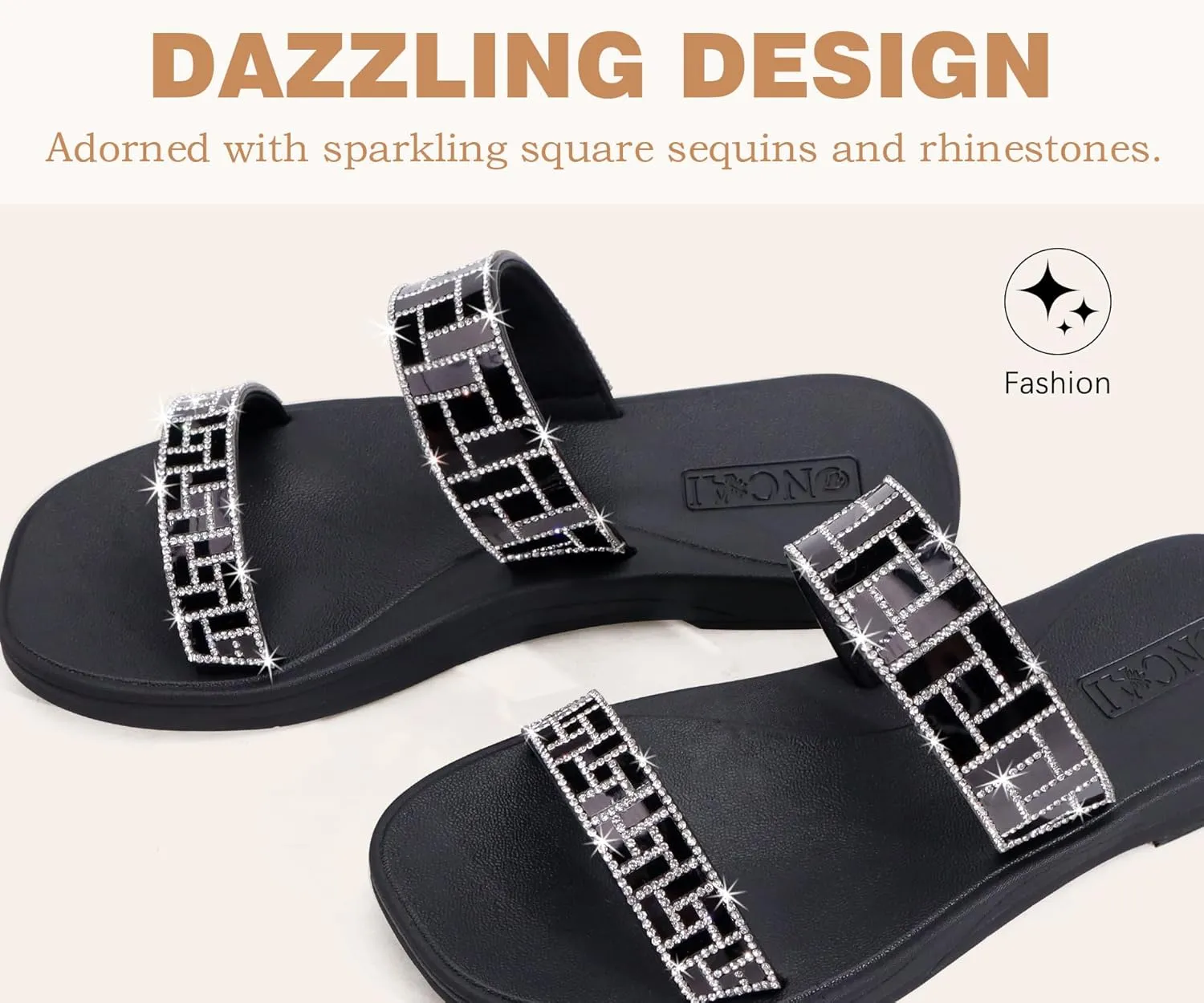 ONCAI Rhinestones Slide Sandals for Women with Glittery Trendy Square Open Toe Summer Flat Sparkly Dressy Sandals with Slip-on Rubber Soles