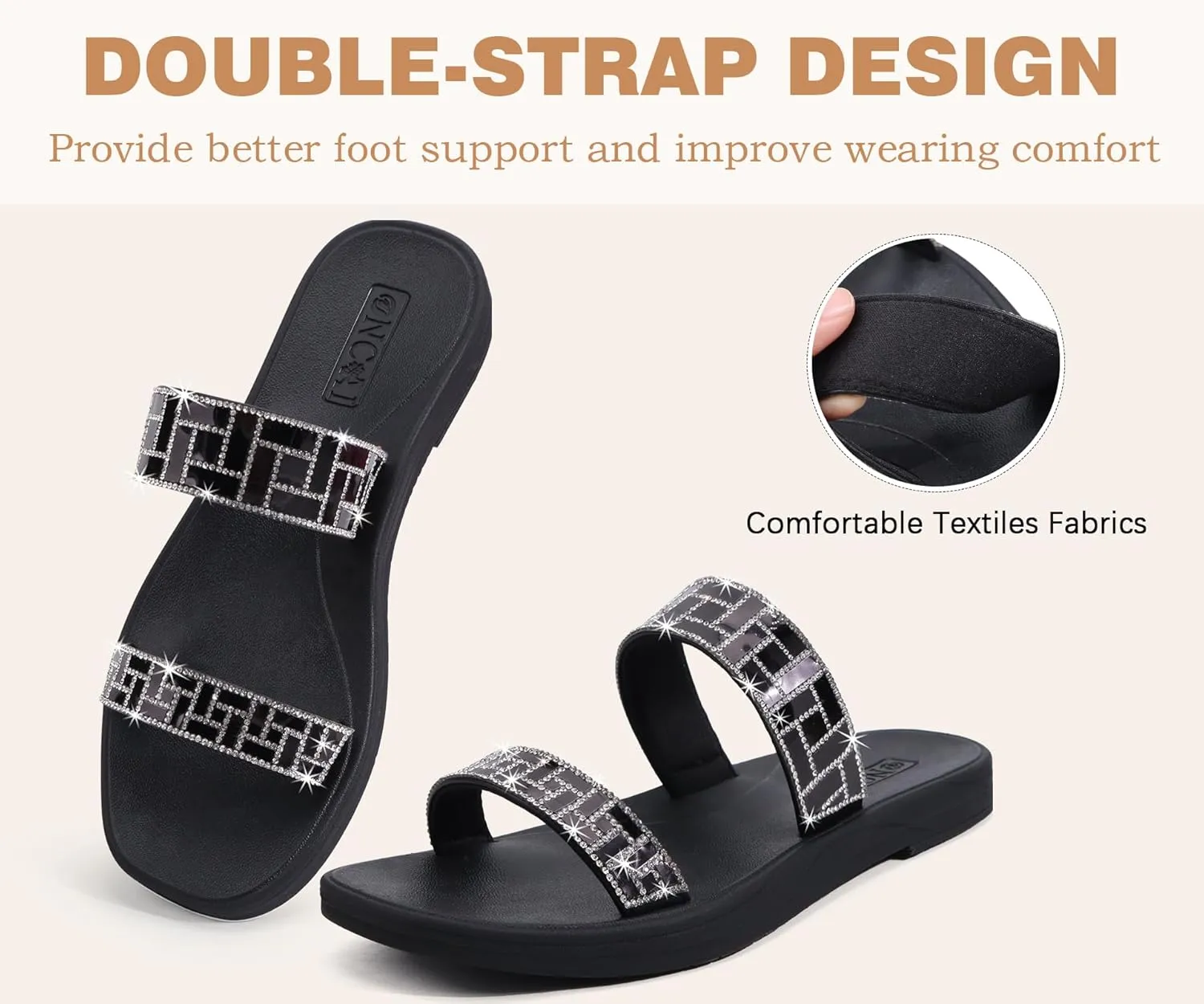ONCAI Rhinestones Slide Sandals for Women with Glittery Trendy Square Open Toe Summer Flat Sparkly Dressy Sandals with Slip-on Rubber Soles