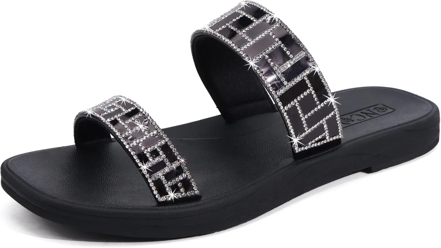 ONCAI Rhinestones Slide Sandals for Women with Glittery Trendy Square Open Toe Summer Flat Sparkly Dressy Sandals with Slip-on Rubber Soles