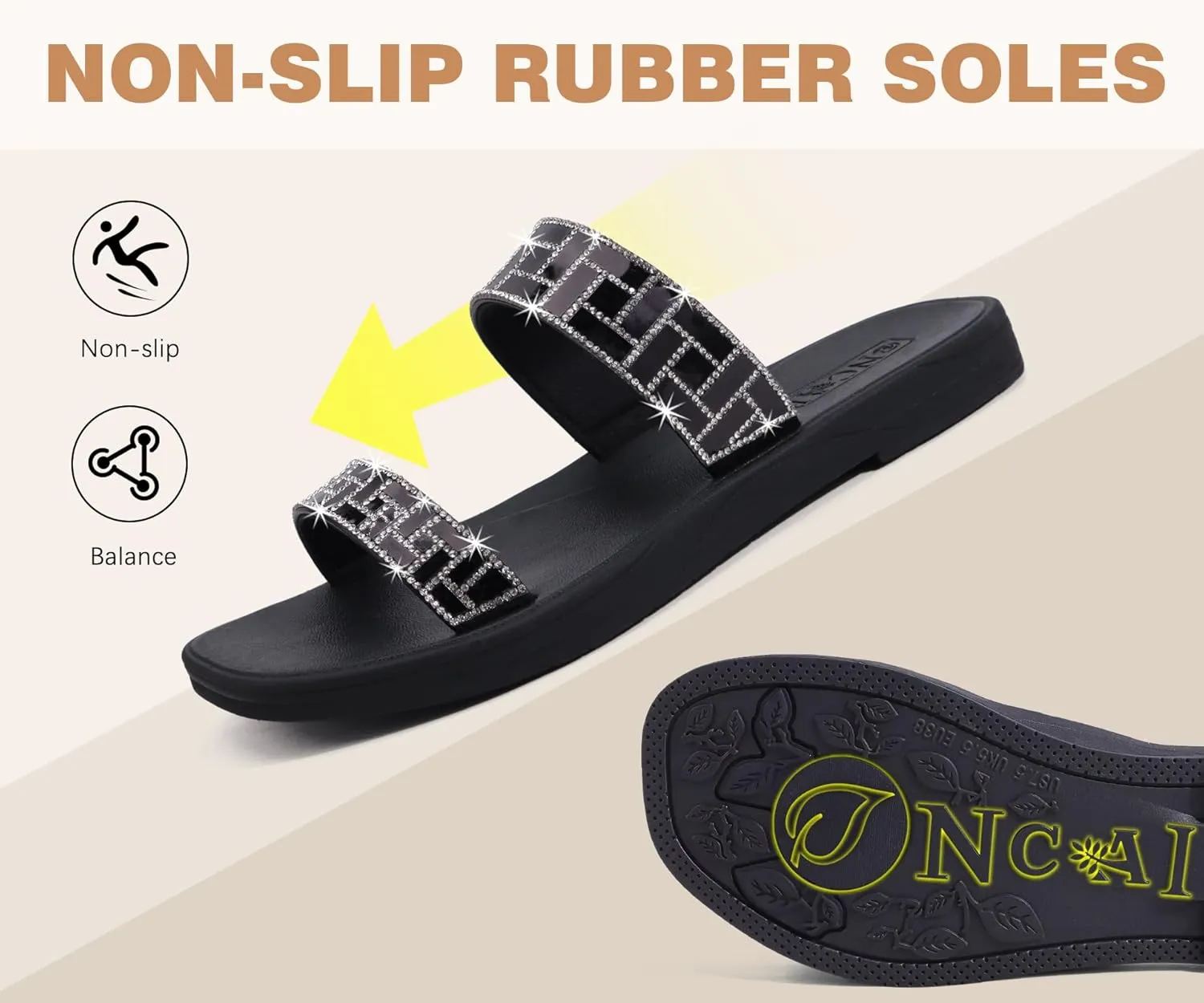 ONCAI Rhinestones Slide Sandals for Women with Glittery Trendy Square Open Toe Summer Flat Sparkly Dressy Sandals with Slip-on Rubber Soles