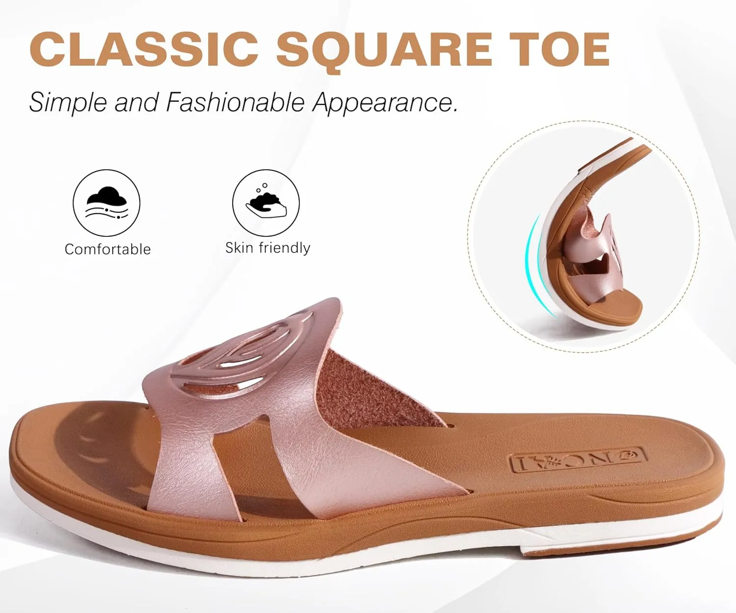 ONCAI Women's Flat Sandals Fashion Square Open Toe Slide Dressy Sandals for Woman Soft Cushion Vegan Comfortable Summer Slip On Casual Walking Outdoor Ladies Sandal Non Slip Rubber Sole Size 6-11 US