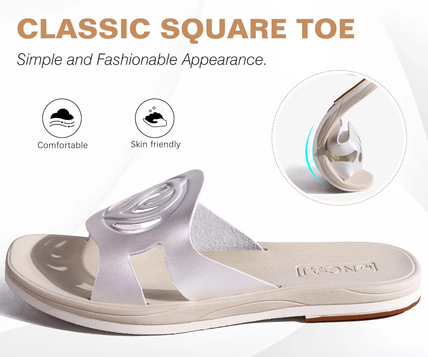 ONCAI Women's Flat Sandals Fashion Square Open Toe Slide Dressy Sandals for Woman Soft Cushion Vegan Comfortable Summer Slip On Casual Walking Outdoor Ladies Sandal Non Slip Rubber Sole Size 6-11 US