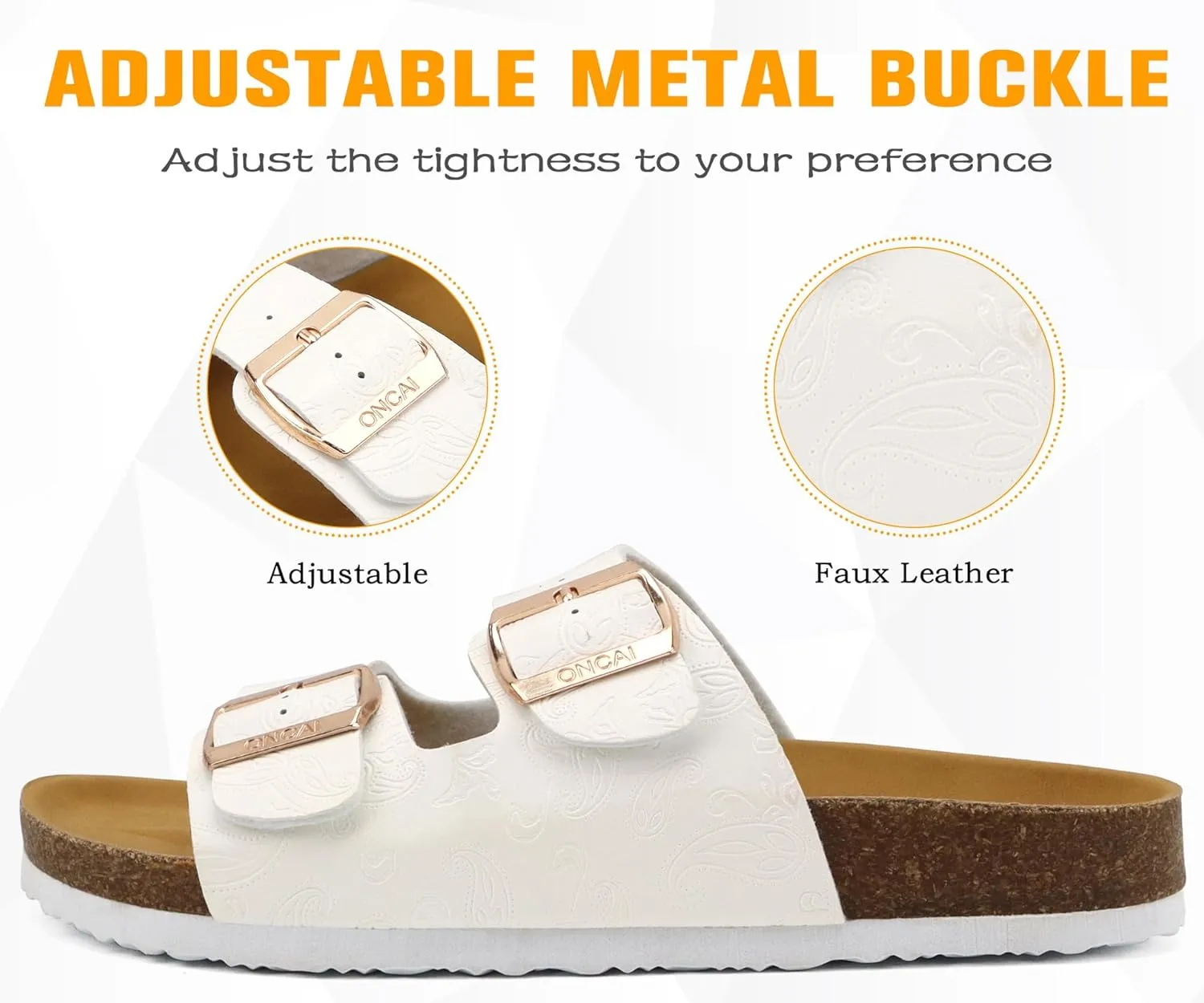 ONCAI Womens Flat Slide Sandals with Arch Support 2 Strap Adjustable Buckle Slip on Slides Shoes Non Slip Rubber Sole