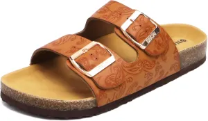 ONCAI Womens Flat Slide Sandals with Arch Support 2 Strap Adjustable Buckle Slip on Slides Shoes Non Slip Rubber Sole
