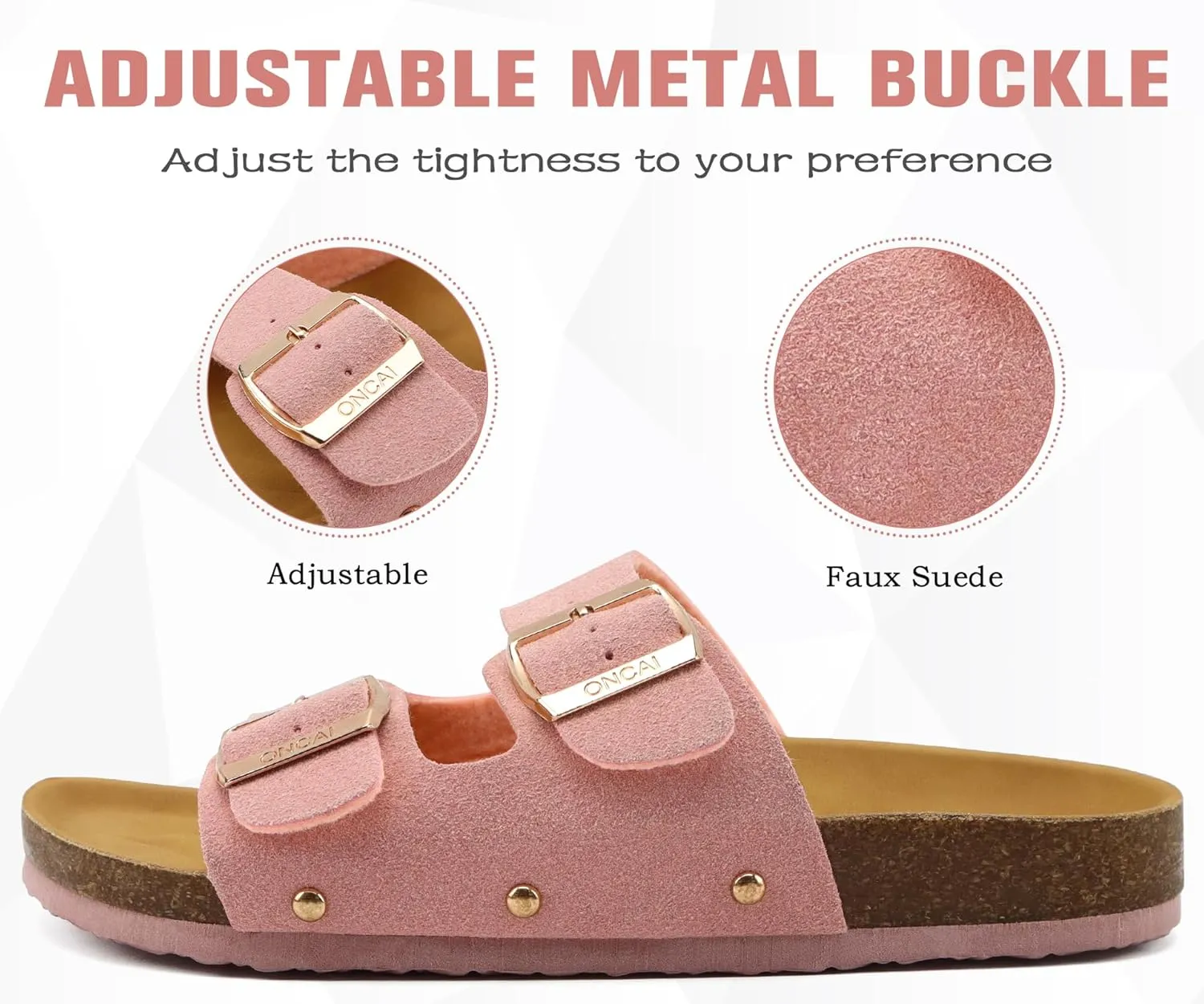 ONCAI Womens Flat Slide Sandals with Arch Support 2 Strap Adjustable Buckle Slip on Slides Shoes Non Slip Rubber Sole